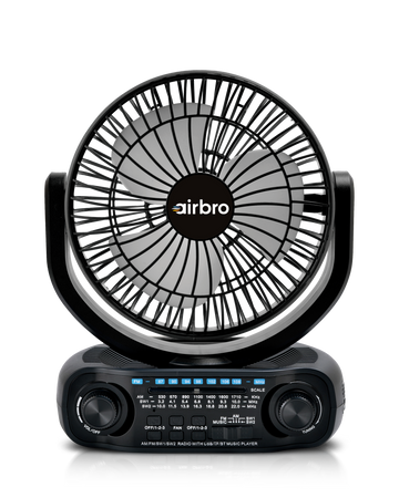 Airbro RXF-50 Solar Portable Fan & Speaker – 3-Speed Oscillating Fan, AM/FM/SW Radio, LED Light, Rechargeable Battery