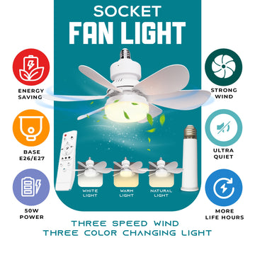 Socket Fan Light w/ Remote – 3-Speed Fan, Color Changing Light, Ultra Quiet, Sleep Timer | E26 Base, No Wiring Needed