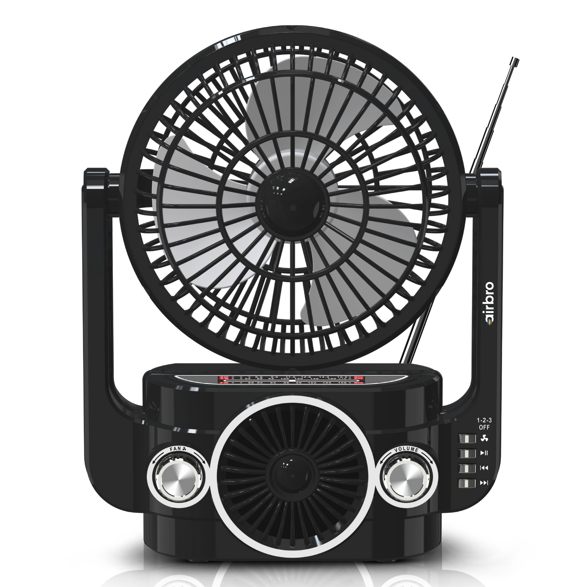 Airbro RXF-20 Rechargeable Fan & Speaker – AM/FM/SW Radio, 3-Speed Fan, Bluetooth, MP3, Type-C Charging