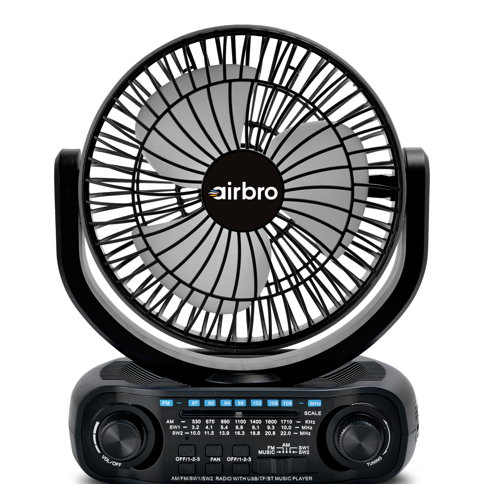 Airbro RXF-50 Solar Portable Fan & Speaker – 3-Speed Oscillating Fan, AM/FM/SW Radio, LED Light, Rechargeable Battery