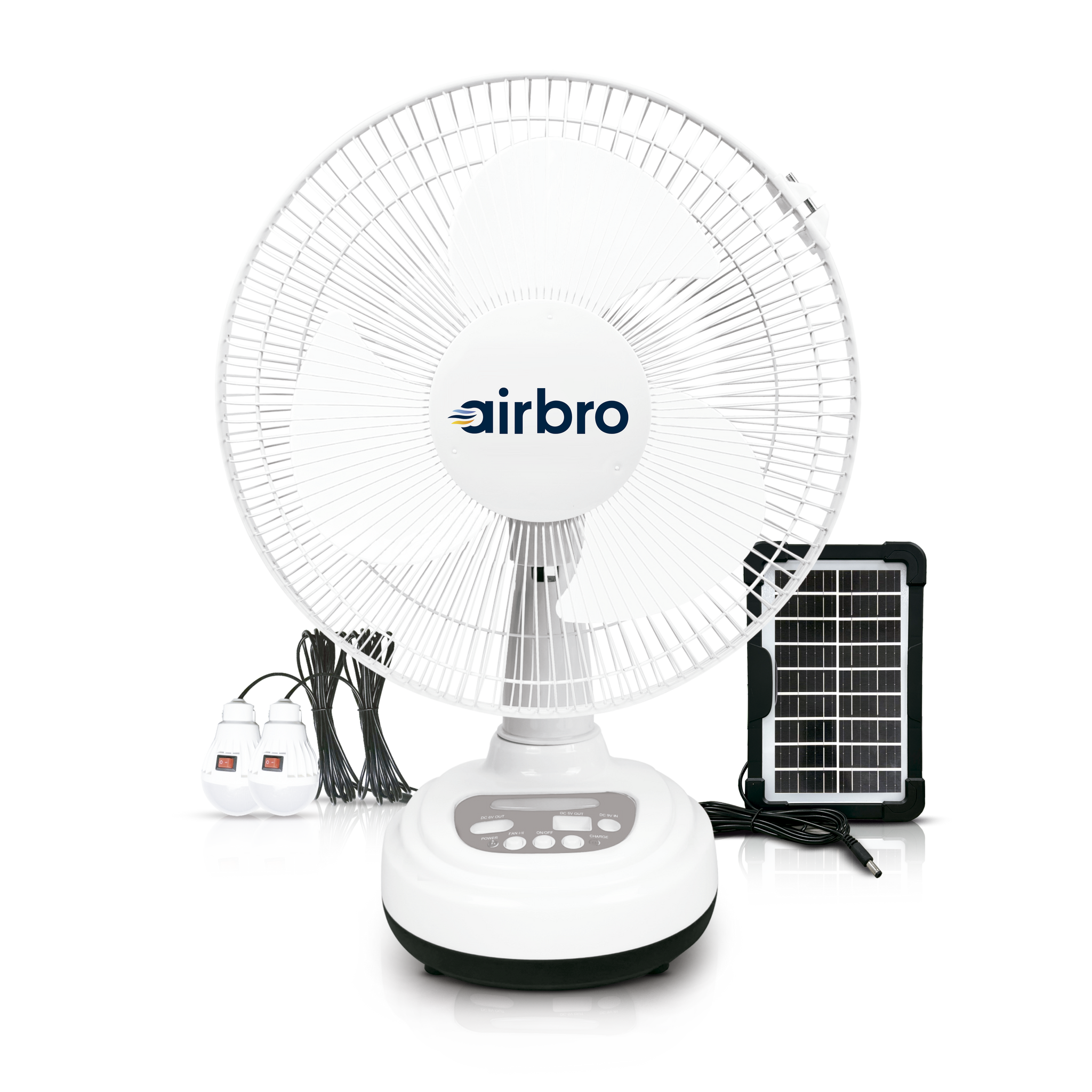 Airbro FSA-12 Rechargeable 12” Fan – AC/DC Dual Power, Solar Charging, Night Light, Mobile Charger